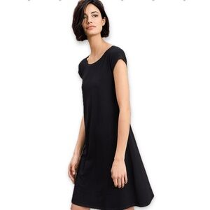 Eileen Fisher Midi Dress Organic Cotton Knit Ballet-Neck Black Minimalist A-Line